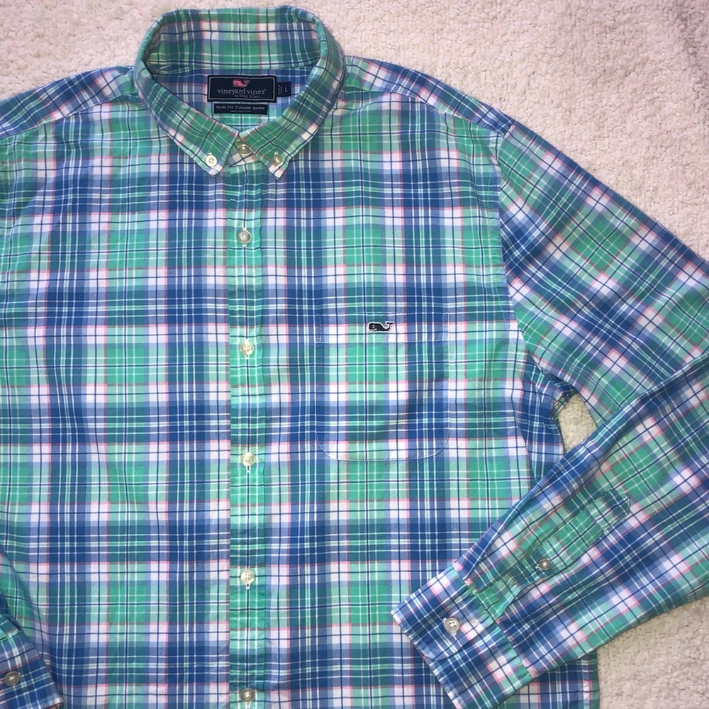 Vineyard Vines shirt button down plaid slim fit Tucker men’s large green blue